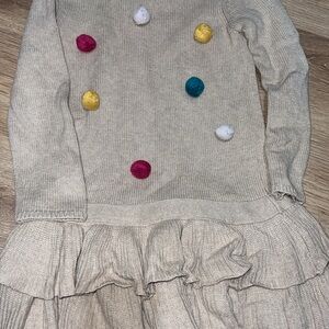 Beige Sweater Dress with Colorful Pom Poms